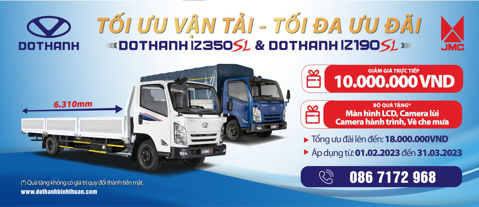 Chương trình khuyến mãi ra mắt xe tải DOTHANH IZ350SL & IZ190SL “Tối Ưu Vận Tải, Tối Đa Ưu Đãi”